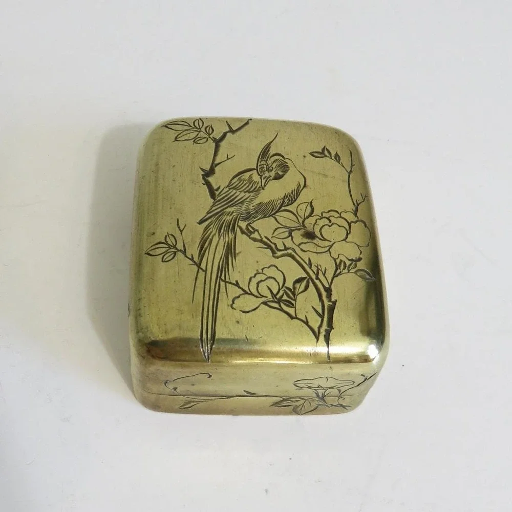 Vintage Asian‎ Brass Trinket Box Bird Flower Engraving Hinged Small Keepsake